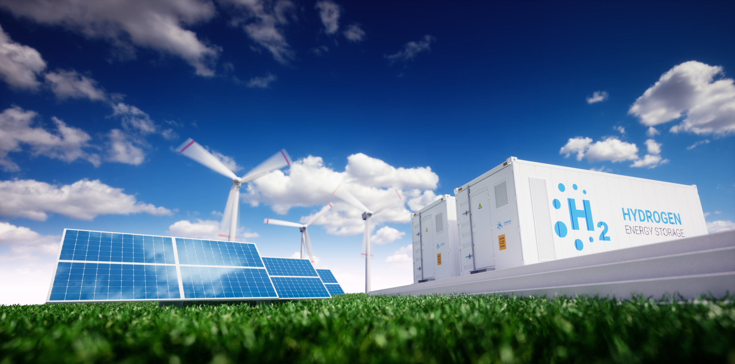 Ecology energy solution. Power to gas concept. Hydrogen energy storage with renewable energy sources – photovoltaic and wind turbine power plant in a fresh nature. 3d rendering.