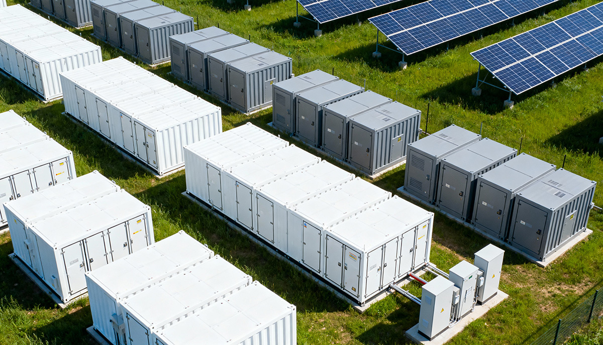 Aerial view of a battery energy storage system (BESS) power stat
